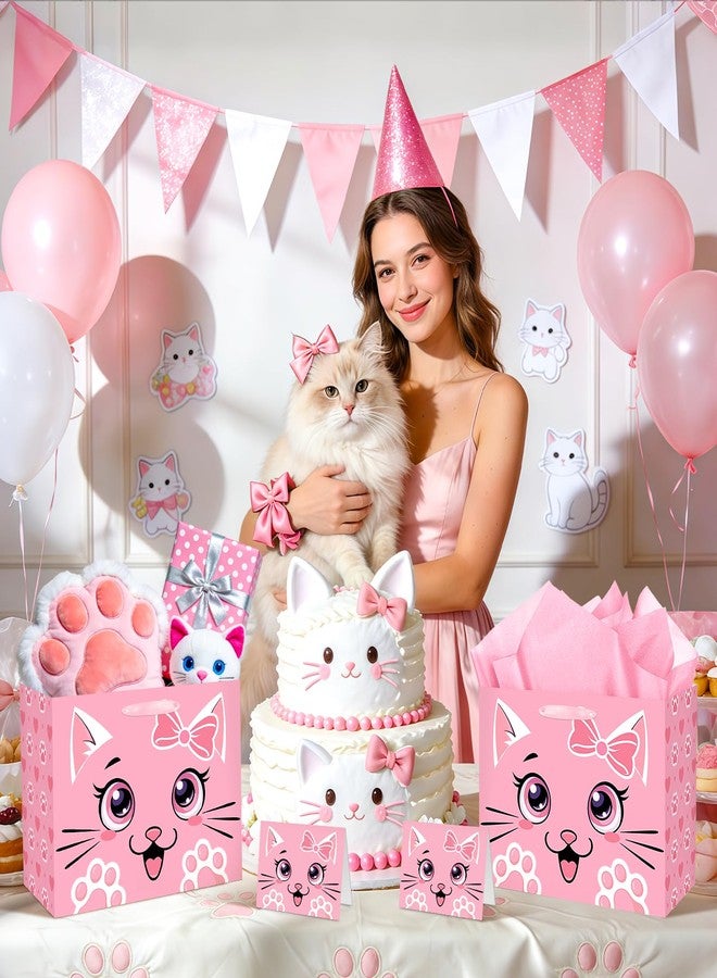 Woosytoo Pink Cat Gift Bag Cute Cat Birthday Gift Bag with Tissue Paper and Card Funny Meow Kitty Wrapping Paper Kawaii Heart Paw Print Gift Bags for Girls Kids Pets Cats Birthday Baby Shower Party Decor - Image 5